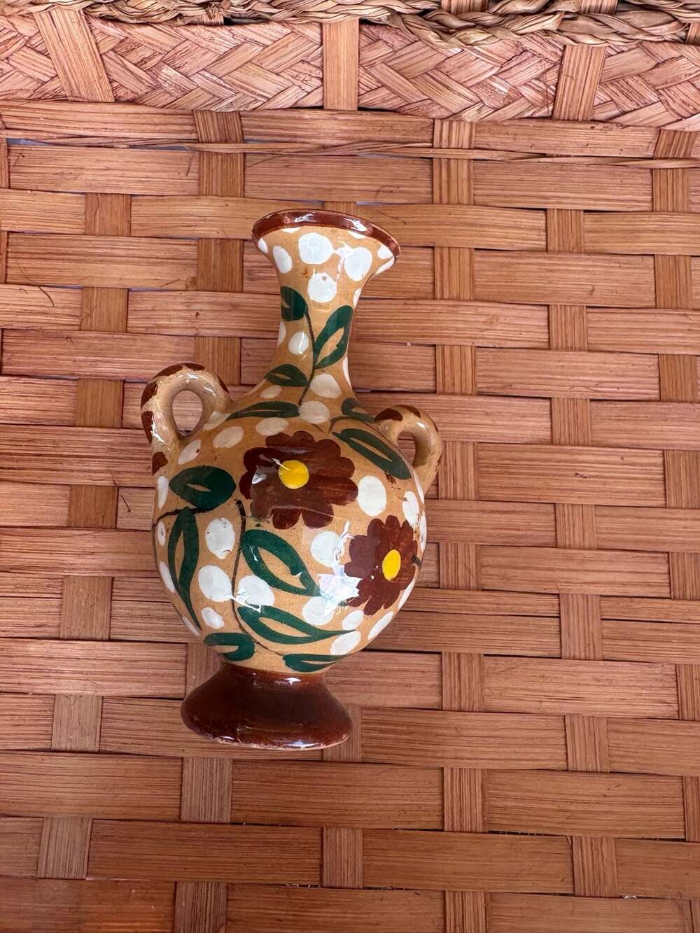 Vintage Italian Hand-Painted Terracotta Bud Vase with Floral and Polka Dot Motif